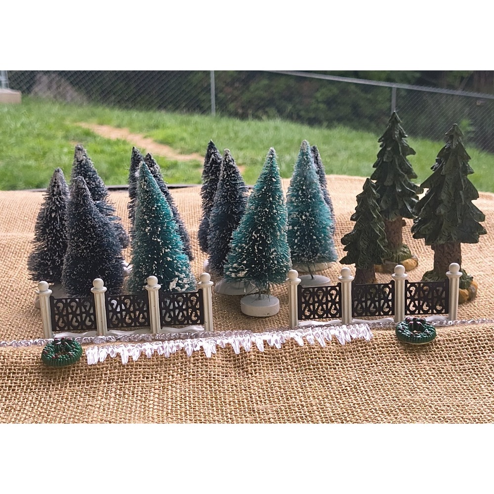 Christmas Village Accessory Bundle Lot Bottle & Resin Trees Metal Fence Icicles